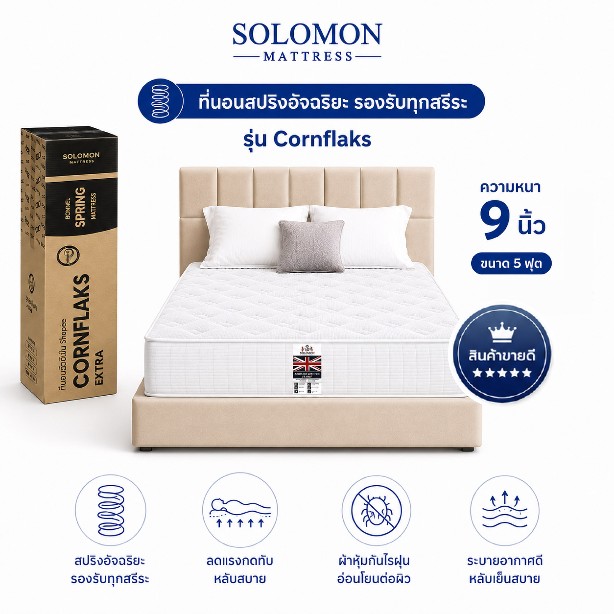 ที่นอน 5 ฟุต SOLOMON รุ่น CORNFLAKS หนา 9 นิ้ว จัดส่งแบบอัดสุญญากาศ_0
